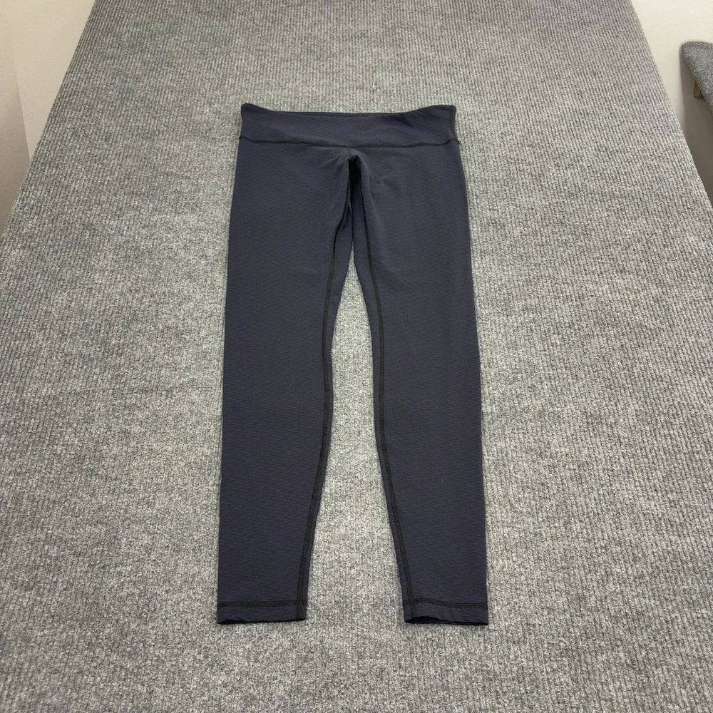 Lululemon Leggings Womens 12 Black Blue Nylon Striped Yoga Athletic Gym Workout